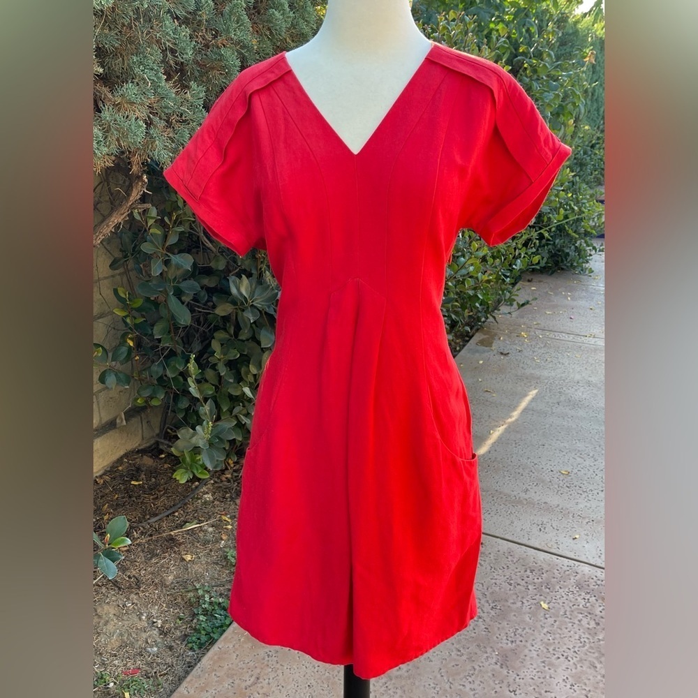 SHARAGANO ~ Red Front-Pleated Shift Dress with Slouch Pockets~ 80s Retro~ Size 2